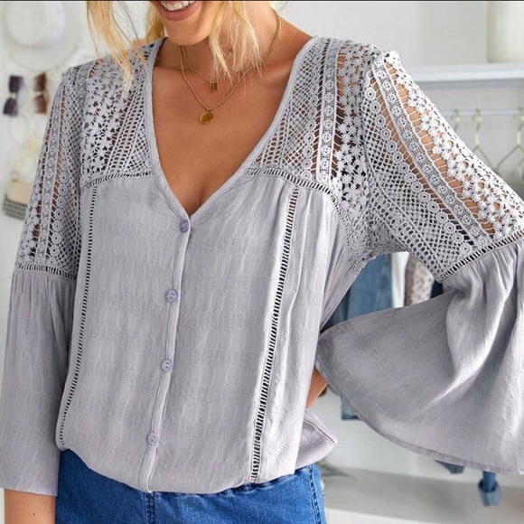 Tops - Boho Sheer Lace Flounce Sleeve Button Down Shirt Top Blouse